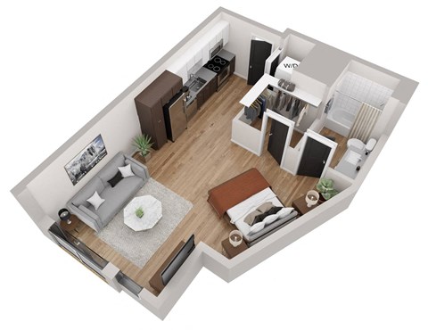 an open floor plan with a bedroom and living room